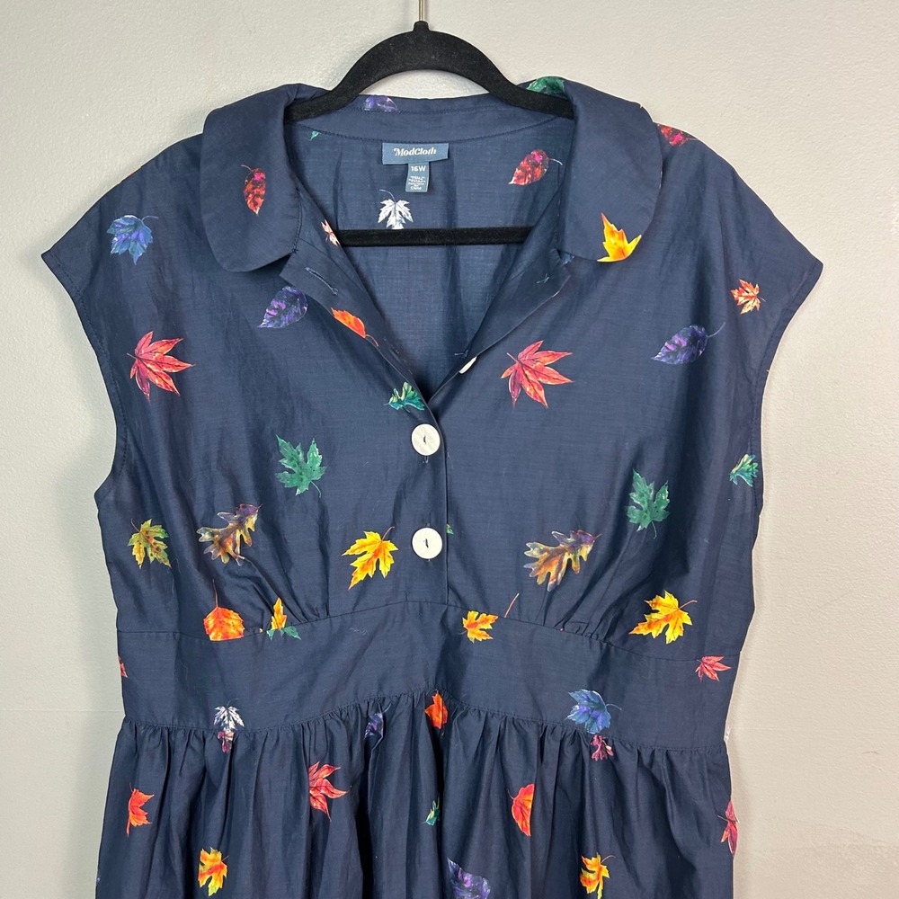 ModCloth Navy Dress with Red Orange Yellow Leaf Print - Picture 2 of 10